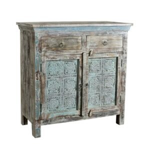 Indian Inspired Antiques Solid Wood Metal Sideboard White-Washed